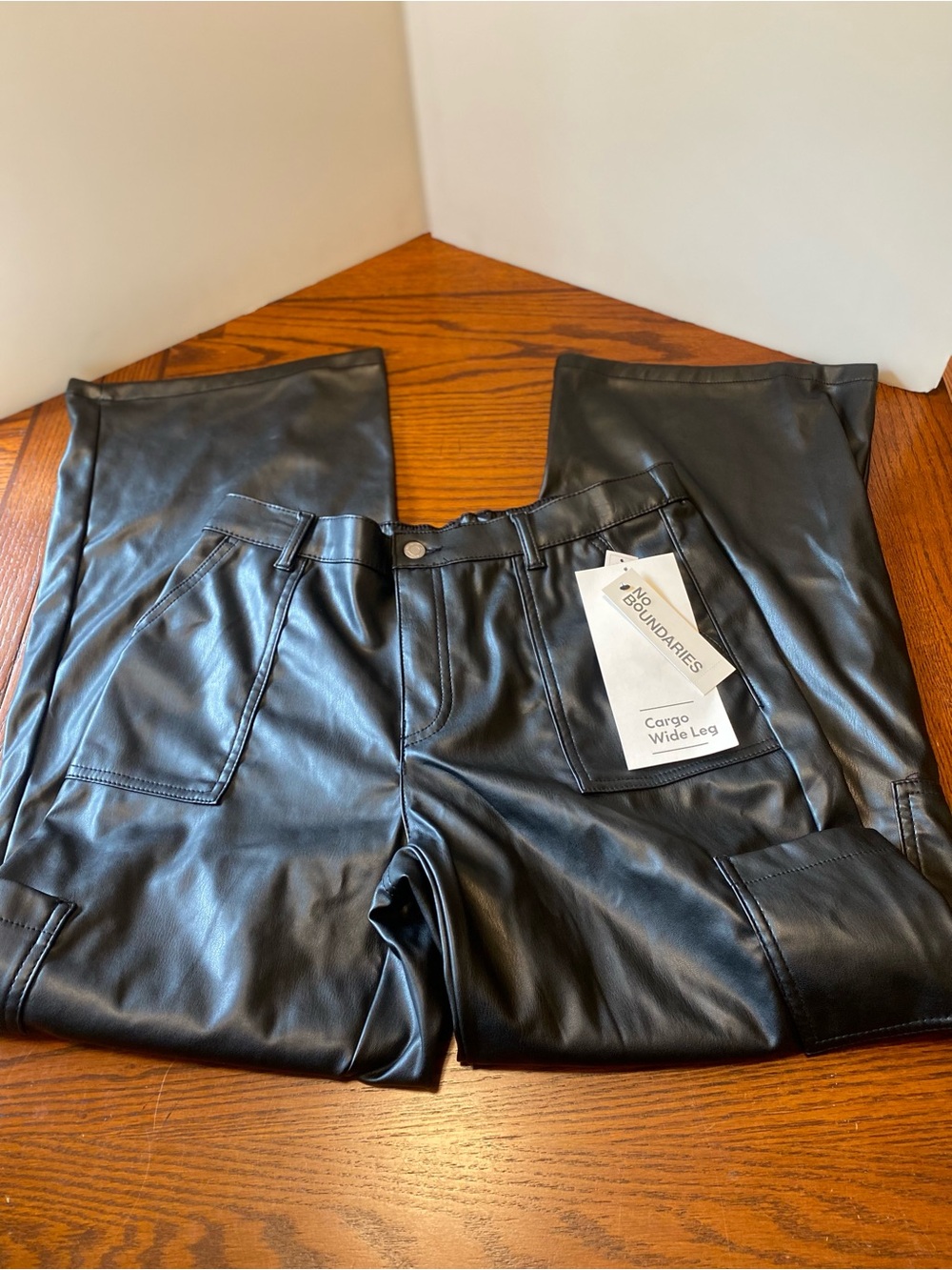 No Boundaries Black Faux-Leather Cargo Wide Leg Pants*